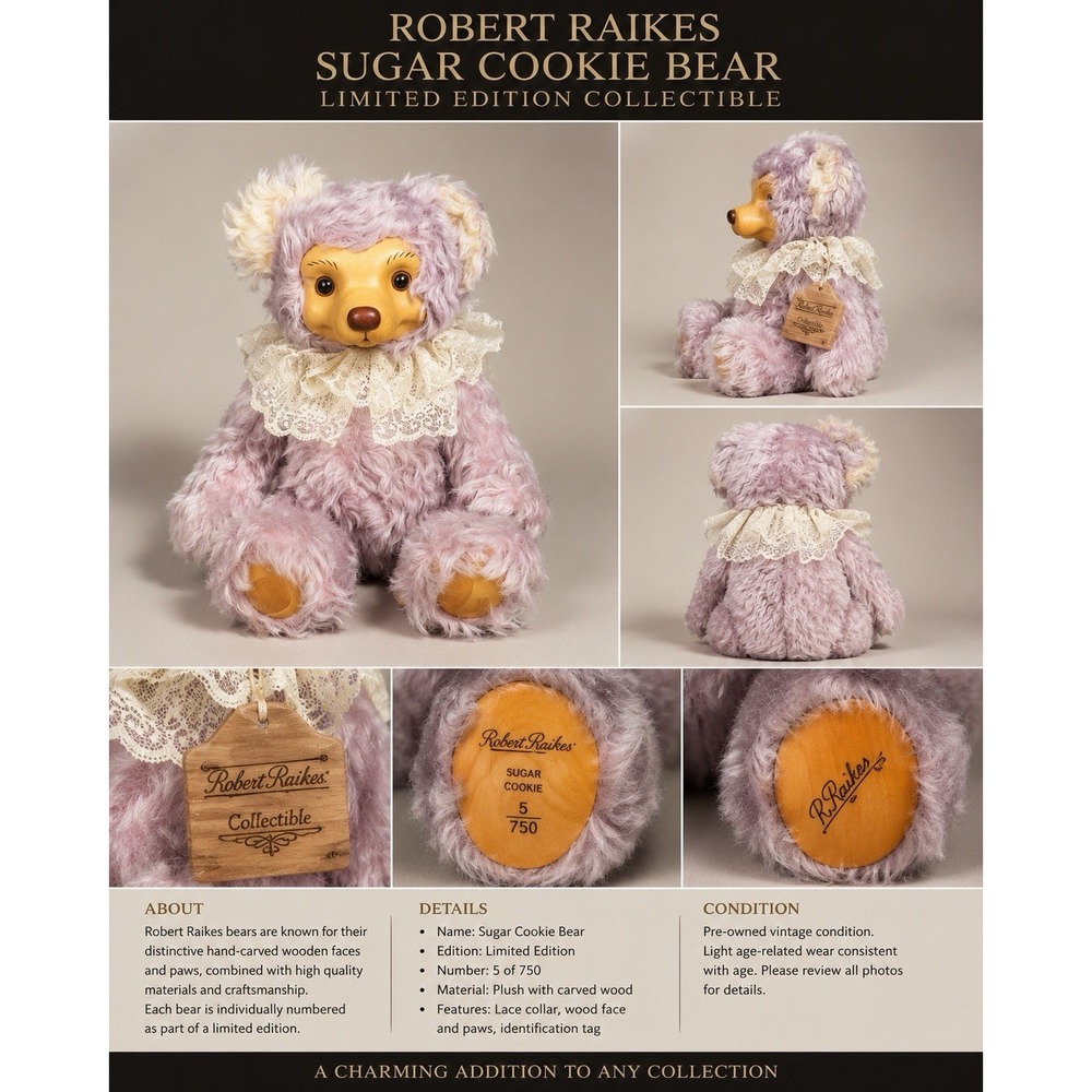 Robert Raikes Sugar Cookie Bear 5/750 Wood Face Lavender Plush Collectible